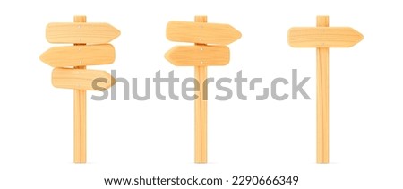 3d wooden arrow direction road signs set isolated on white background. Render of wood arrow crossroad sign for right direction and street, one way concept. 3d cartoon simple vector illustration Royalty-Free Stock Photo #2290666349