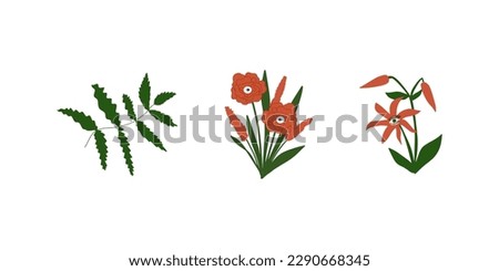 Creepy Predator Blossoms. Dangerous Tropical Flowers, Monster Plants Icons. Vector illustration isolated on white background.