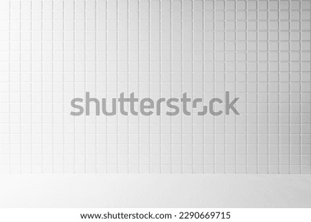 White abstract modern stage with tiny square ceramic tiles on wall and wood floor, grey gradient as empty interior like bathroom, kitchen, mockup for presentation cosmetic products, goods, design.
