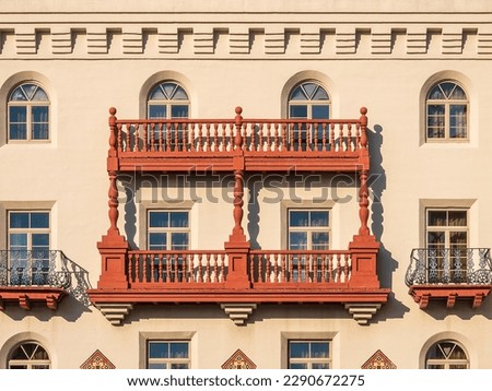 Exterior symmetry of historic resort hotel opened in 1888, a mixture of Moorish Revival and Spanish Baroque Revival architecture, in downtown St. Augustine, Florida Royalty-Free Stock Photo #2290672275