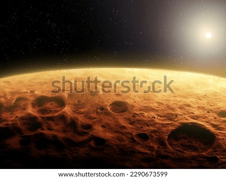 Sunrise over the surface of Mars. Beautiful view from space on the Martian landscape. Large impact craters of the red planet. Royalty-Free Stock Photo #2290673599