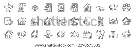 Set of 30 line icons related to public utilities. Gas, electricity, water, heating. Editable stroke. Vector illustration