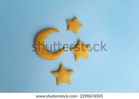Crescent with stars. Sweet sleep toy base. World Sleep Day - cute illustration. Minimal 3D art style. Empty space for advertising children's products