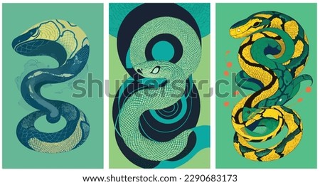 Dragon Snake With Wings. Full Protrait. Chinese Style set collection of abstract vector illustration