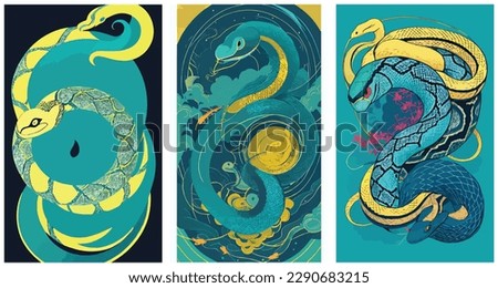 Japanese Woodblock Style Painting Of A Snake Dragon set collection of abstract vector illustration