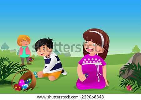 A vector illustration of kids celebrating Easter by going on an Easter egg hunt