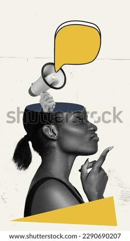Young african woman with speech bubble and megaphone over head. Expression of opinion. Contemporary art collage. Concept of mass media, news, information, journalism, business, freedom of speech