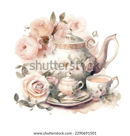 Classic feminine lady tea time with roses in watercolor Royalty-Free Stock Photo #2290691501