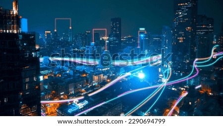 Smart city with speed line glowing light trail surround the city. big data connection technology concept Royalty-Free Stock Photo #2290694799