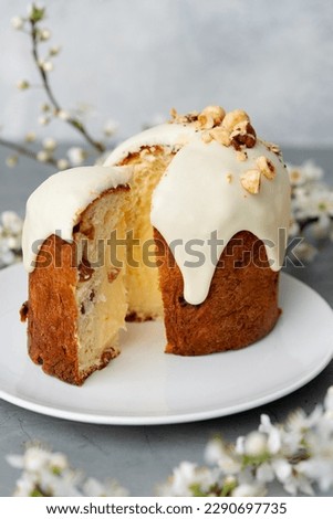 Piece of Easter cake on plate decorated with spring flower branches