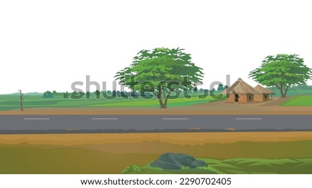 indian village road with small old hut. farmer house near agricultural land Royalty-Free Stock Photo #2290702405