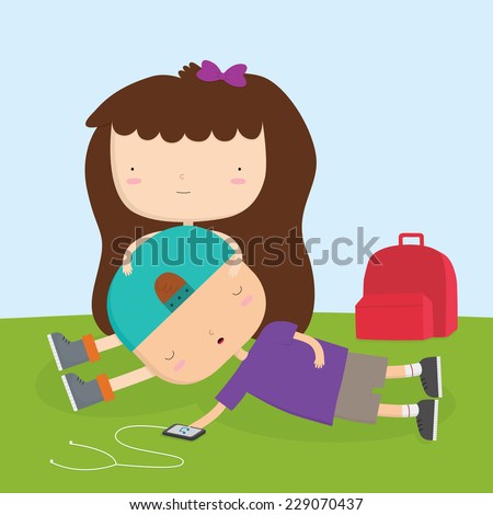 A vector illustration of a female student holding a boy's head in her lap. This is an Ai 10 file that does not contain transparencies, gradients, or blends.