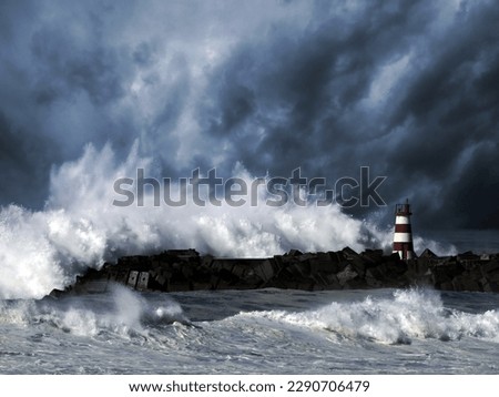 Storm waves over beacon of the harbor of Povoa do Varzim, Portugal - enhanced sky