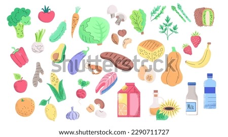 Healthy food clip art. Fruit and vegetable icons set. Grocery products illusrtation. Natural organic nutrition background