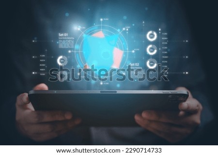 document, network, chart, stock price, partner, human resource, guarantee icon showing on magnifier holding by businessman