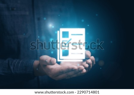 Businessman with data document management system, Electronics document icon, E-document management, Online documentation database, Paperless office concept