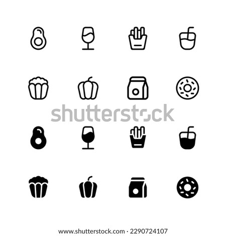 Thin outline and filled vector food and drink icon set vector, avocado, wine, french fries, Ice Drink, Popcorn, Meal, Paprica, donnut, cake, fish steak, eel, oyster, tuna, octopus, grilled and etc