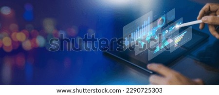Businessman showing result of growth company profit planning, opportunity, challenge and business strategy graphs and target of business. Banner of plan and visions for financial and economy analysis. Royalty-Free Stock Photo #2290725303