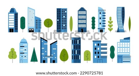 Minimal residential buildings. Geometric cityscape with skyscraper trees simple flat city constructor. Vector flat set Royalty-Free Stock Photo #2290725781