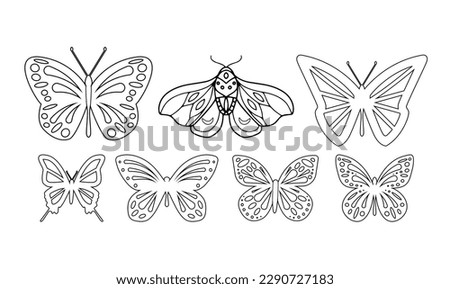 Set with outlined cut out butterfly silhouette for decoration design. Flat outline collection of butterflies with cutout ornament, line art. Vector art illustration EPS 10