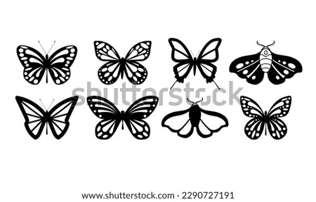 Set with cut out butterfly silhouette for decoration design. Flat collection of black butterflies with cutout ornament. Vector art illustration EPS 10