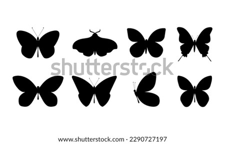 Set with solid black butterflies silhouette for decoration design. Flat collection of simple insect symbols. Vector art illustration EPS 10