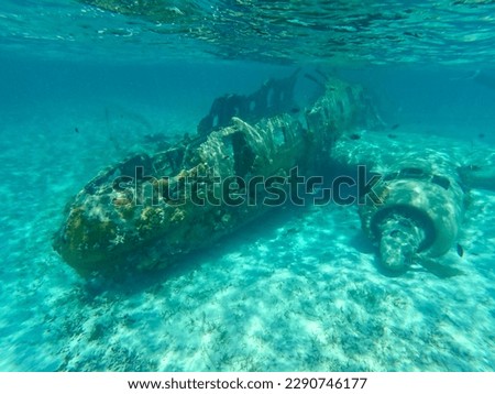 Underwater view of sunken plane near Norman’s cay Bahamas Royalty-Free Stock Photo #2290746177