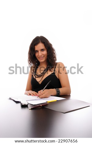 Young Business woman at work, isolated over white background