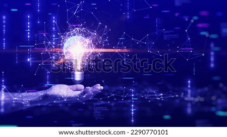 businessman holding light bulb creative connection of futuristic technology internet network polygons. Collect innovative new ideas and develop global marketing strategy on a dark blue background.