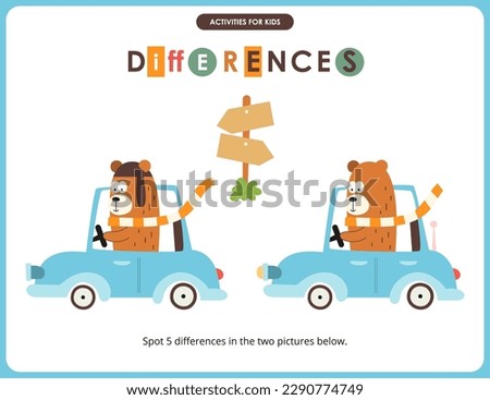 Cute Animals activities for kids. Spot 5 differences. Bear in Car. Vector illustration.