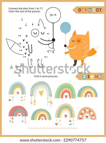 Cute Animals Activity Pages for Kids. Printable Activity Sheet with Woodland Animals Mini Games – Dot to dot, Find 2 same pictures. Vector illustration. Royalty-Free Stock Photo #2290774757