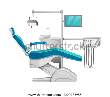 Dental chair. Armchair for patient, chair for doctor, lamp, special tools. Vector illustration of furniture and equipment for medical professional practice isolated on white background.