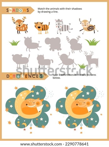Cute Animals Activity Pages for Kids. Printable Activity Sheet with Safari and Woodland Animals Mini Games – Correct shadows, Spot 5 differences. Vector illustration. Royalty-Free Stock Photo #2290778641