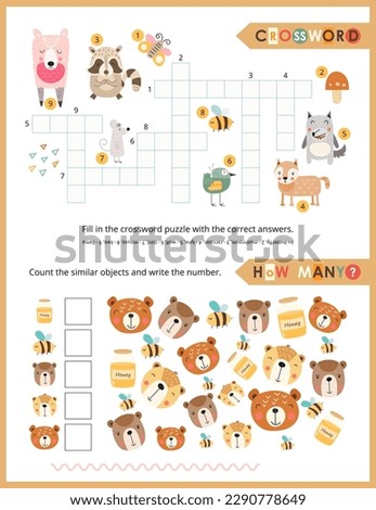 Cute Animals Activity Pages for Kids. Printable Activity Sheet with Safari and Woodland Animals Mini Games – Crossword, Counting game. Vector illustration. Royalty-Free Stock Photo #2290778649