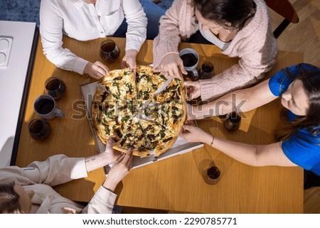Top view of group of attractive middle-aged women friends relatives sit at table, taking pieces of vegetable pizza near glasses of wine, celebrating at home. Togetherness, birthday, party, fast food.
