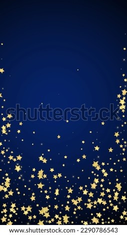 Magic stars vector overlay.  Gold stars scattered around randomly, falling down, floating.  Chaotic dreamy childish overlay template. Miraculous starry night vector  on dark blue background.