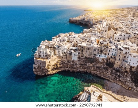 Polignano a Mare drone shot. Aerial view shot of Cala Paura in Puglia, Polignano. Most famous beach in South Italy. Royalty-Free Stock Photo #2290792941