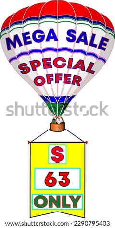 Mega sale special offer only 63 dollars, vector illustration of white balloon with promo banner, illustrative big promotion for wholesale and retail trade. God is good!
