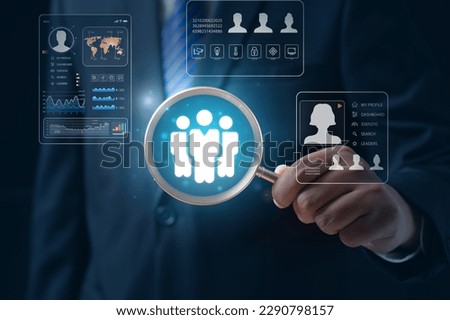 Business employees icon. businessman in magnifier and another people outside. High quality photo, icon and photo style.