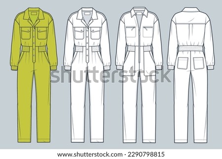 Jumpsuit technical fashion Illustration. Overall, Bodysuit fashion flat technical drawing template, oversize, zip up, buttons, front and back view, white, lime, women, men, unisex CAD mockup set.     Royalty-Free Stock Photo #2290798815