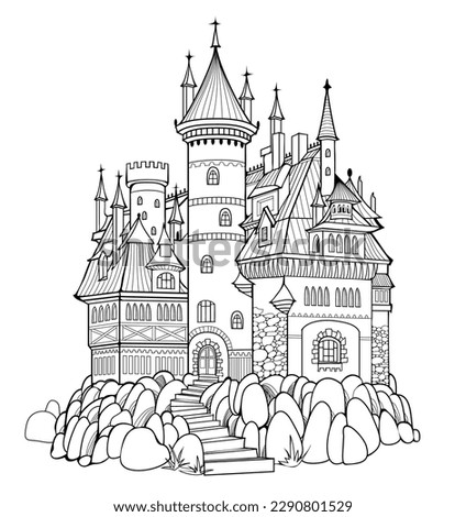 Illustration of ancient medieval castle. Fairyland kingdom. Black and white page for kids coloring book. Worksheet for drawing and meditation for children and adults. French architecture. Vector image Royalty-Free Stock Photo #2290801529