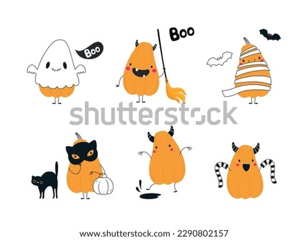 Cute Orange Pumpkin Character with Arm and Legs Having Fun at Halloween Holiday Vector Set