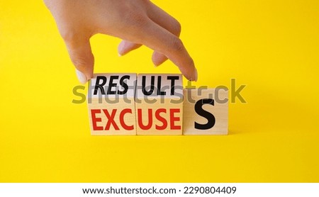 Results Excuses symbol. Businessman Hand turns cubes and changes word Excuses to Results. Beautiful yellow background. Business and Results Excuses concept. Copy space