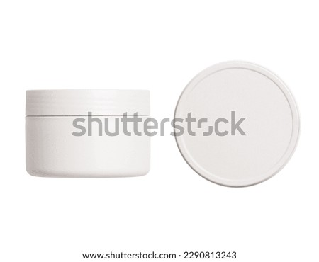 cream jar. White glass cosmetic package,Face creme pack, container template. Skin blush care gel jar, round design. Medical ointment template, isolated on a transparent background, top view, cut out Royalty-Free Stock Photo #2290813243