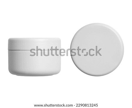 cream jar. White glass cosmetic package,Face creme pack, container template. Skin blush care gel jar, round design. Medical ointment template, isolated on a transparent background, top view, cut out Royalty-Free Stock Photo #2290813245