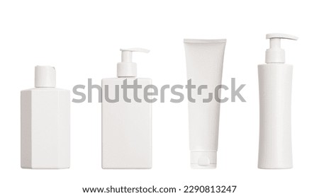 various white bottles, roller bottles, made of metal for cosmetics, natural medicine, essential oils or other liquidsisolated on white or transparent background, top view, cut out Royalty-Free Stock Photo #2290813247