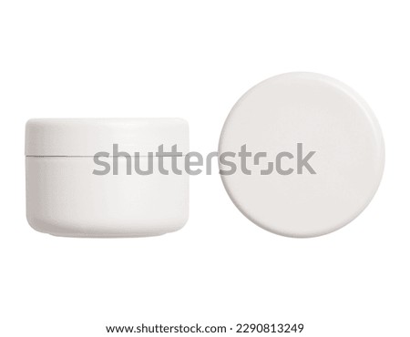 cream jar. White glass cosmetic package,Face creme pack, container template. Skin blush care gel jar, round design. Medical ointment template, isolated on a transparent background, top view, cut out Royalty-Free Stock Photo #2290813249
