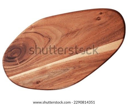 Close up of an wooden cutting board with handle, isolated on white or transparent background, template for recipes or food and drink menu, photography, top view, cut out,