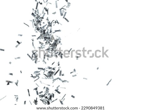Silver Confetti Foil fall splashing in air. Silver Confetti Foil explosion flying, abstract cloud fly. Many Party glitter scatter in many group. White background isolated high speed shutter freeze