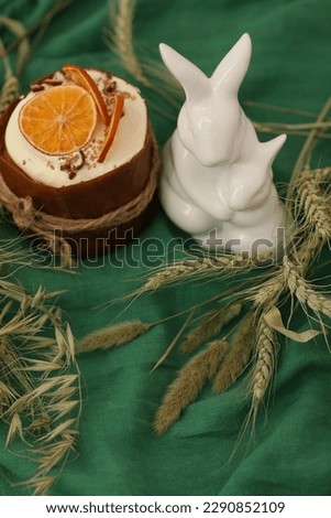 Easter holiday, homemade baking, Easter paska, rabbit, ears of corn, background, background image for presentations, photo